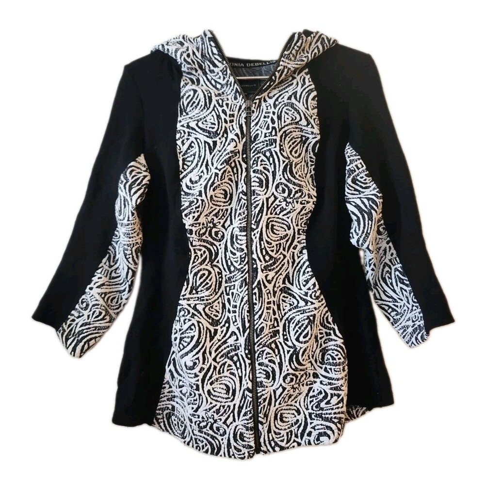 Tonia Debellis Hooded Black White Jacket Size L Full Zip Textured Luxury